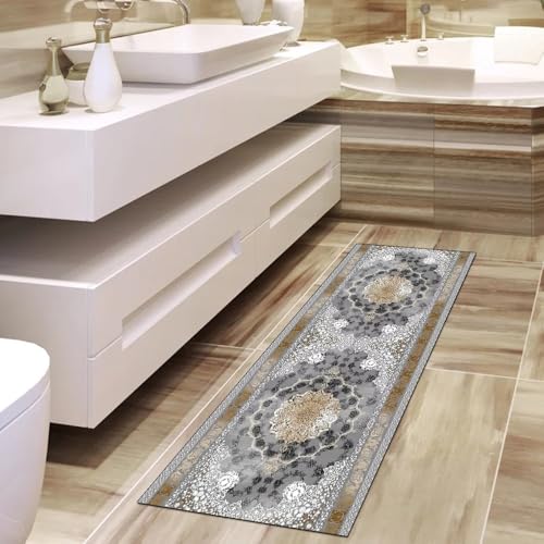 Alfombra de pasillo estilo vintage de diseño lavable y gris 6