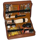 Estuche de alta (marrón) calidad con 27 herramientas y accesorios para relojeros: Llave para abrir relojes, 12 mordazas para llave profesional en caja de cartón, navaja de acero, templado para abrir cajas de presión, 3 destornilladores de relojero, Pinza de latón,