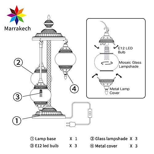 Marrakech Turkish Floor Lamp Handmade 3 Globes Mosaic Glass Table Lamp Moroccan Tiffany Style Lamp Decorative Night Light For Living Room Bedroom (Blue) #TOP2