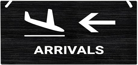 Wooden Arrivals Sign Airport Directional Wall Decor with Airplane Icon and Left Arrow for Home Office or Bar Decoration 12x6 Inches Black Wood Texture Classic Design