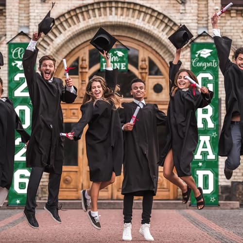 Image of Moukeren 3 Pieces 2026 Graduation Party Decorations Graduation Porch Sign Class of 2026 Grad Hanging Porch Banner Backdrop Door Sign for Grad Party Home Door Wall Decor(Green)