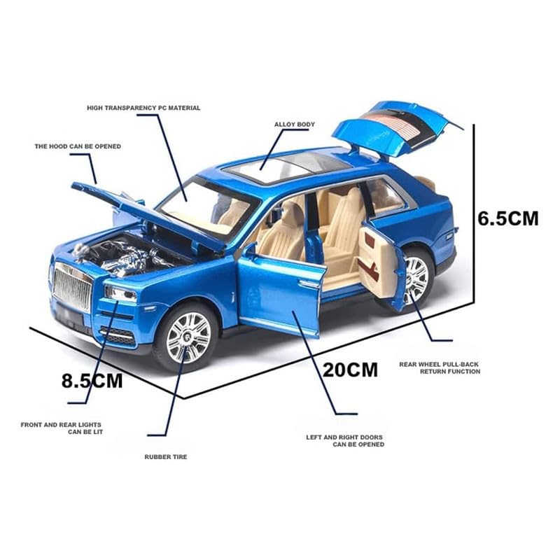 Image of Kids Model 1:24 RR Cullinan Die Cast Metal Car Pull Back Action Opening Doors with Realistic Engine Sound Lights Toy Car Gift for Boys - Blue