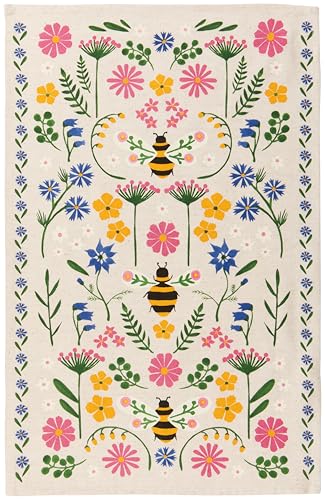 Image of Now Designs Bee Garden Dishtowel, 18x28in, Cotton-Linen Blend, Folk Art-Inspired Kitchen Towel with Bees and Wildflowers
