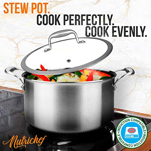 Nutrichef 5 Qt Stainless Steel Stew Pot - Triply Kitchenware Stew Pot With Glass Lid - Dakin Etching Non-Stick Coating, Scratch-Resistant Raised-Up Honeycomb Fire Textured Pattern - Nutrichef Nc3Pcas #TOP5