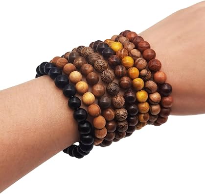 INSPIRELLE 8 Pieces Natural Wood Elastic Beaded Bracelet for Men and Women