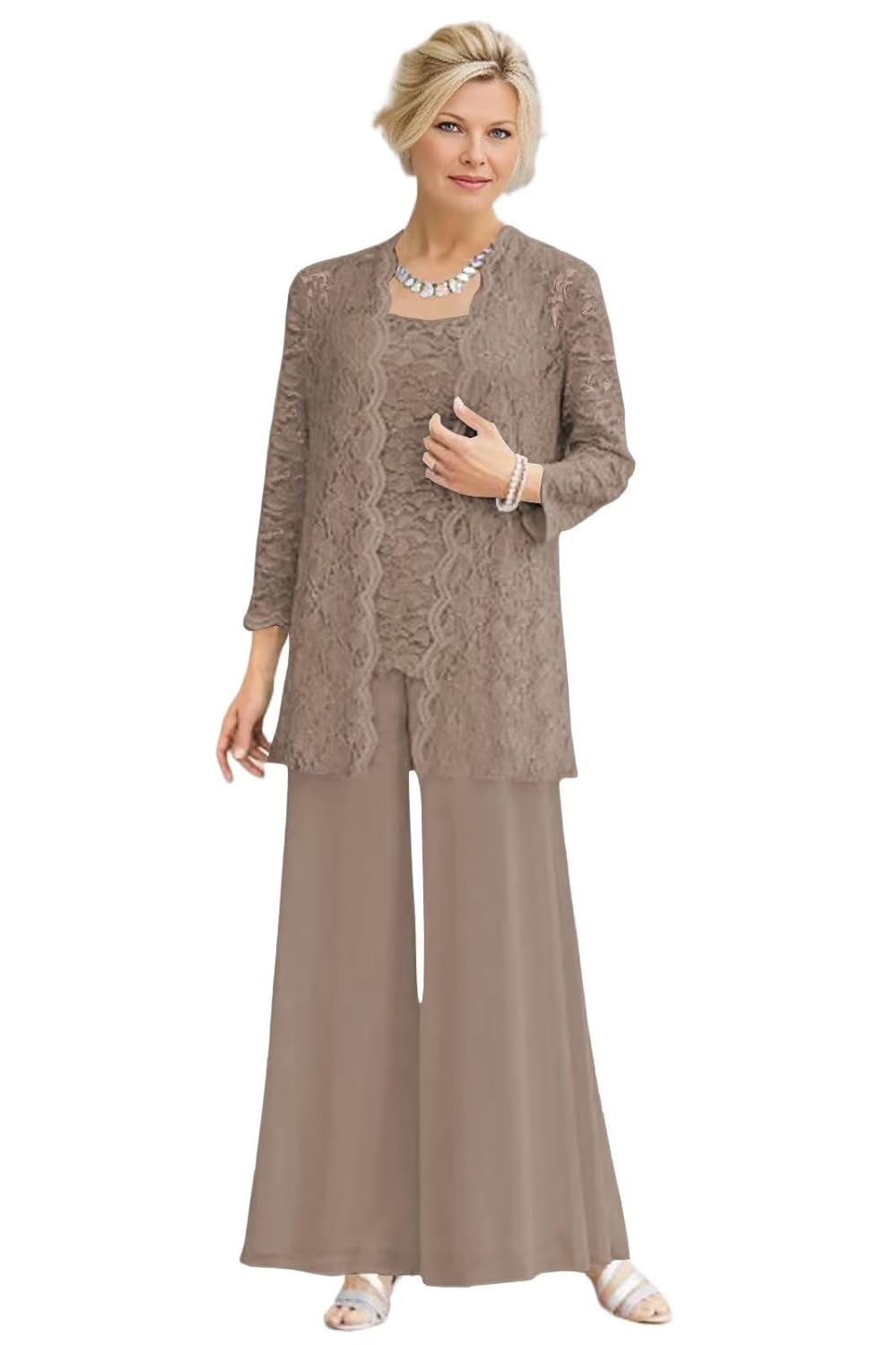 3 Pieces Mother of The Bride Pant Suits with Jacket Sequin Lace Long Sleeve Dressy Women Wedding Guest