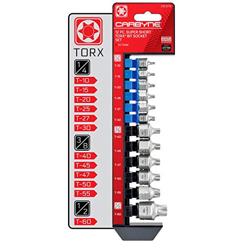 CARBYNE 12-Piece Torx Super Short Low Profile Bit Socket Set | T10 to T60 Sizes, Dual-Drive: Internal Square Drive & External Hex Drive • From a Family-Run Tool Company in the U.S.