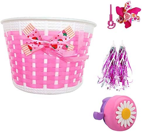 Liyamobu 4pcs Children's Bike Accessories-1 pc Girl's Bicycle Bell with 2 pcs Kids Bike Streamers,1pc Bike Front Handlebar Basket, and 1pc Short Pole Bike Windmill