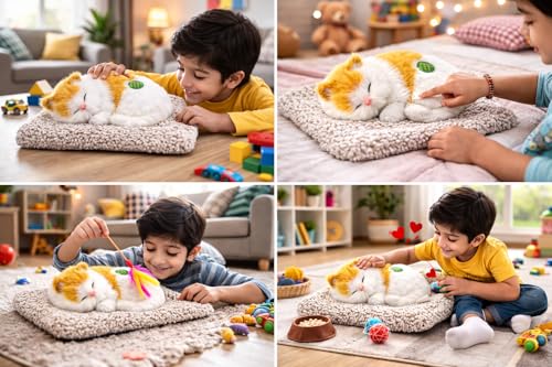 Image of Sleeping Cat Soft Toy, White with Yellow, Medium
