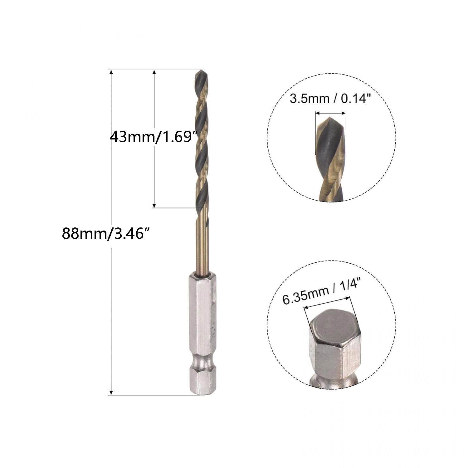 TOP-VIGOR 5Pcs 3.5mm HSS Hex Shank Twist Drill Bits, High Speed Steel Drill Bit Set 1/4 Inch Shank - Image 2