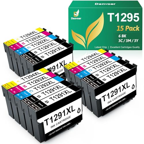 Denvoer T1295 Multipack Kompatible für Epson WF 3520 Druckerpatronen für Epson T1291 T1292 T1293 T1294 WF-7525 WF-7515 Stylus SX235W SX425W SX435W SX445W SX535WD Stylus Office BX635FWD (15er-Pack)