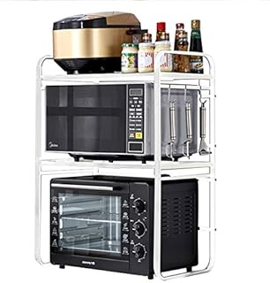 DnKelar Extendable Microwave Stand Shelf 2 Levels Microwave Oven Rack, Microwave Holder with 3 Hooks for Kitchen