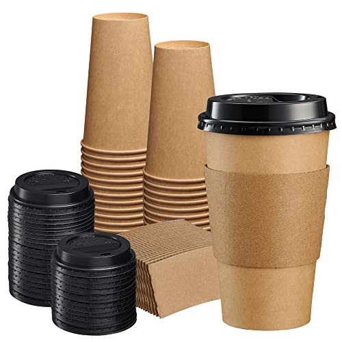 GUSTO 16 oz. Disposable Kraft Coffee Cups with Black Lids, Sleeves - [50 Sets] To Go Paper Hot Cups- (Formerly Comfy Package) by GUSTO - Used condition - US$16.77