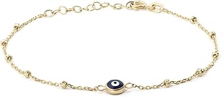 14K Solid Gold Blue Evil Eye Bracelet for Women | 14K Real Gold Bead Station Bracelet | 14K Gold Protection Bracelet | 14K Gold Jewelry | Gift for Anniversary, Adjustable 6" to 7", Yellow Gold, no gemstone