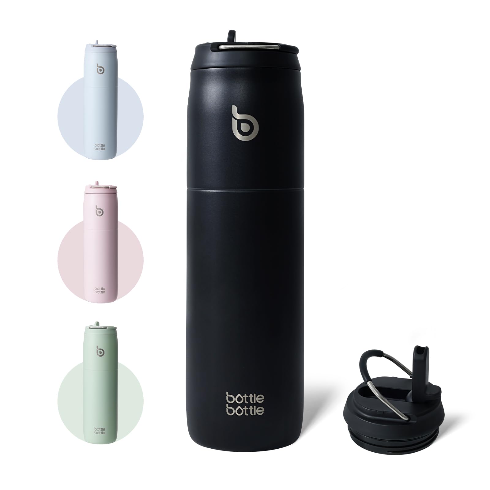 BOTTLE BOTTLE 水筒 1リットル 大容量 1000ml ストロー付き 直飲み 保温保冷 真空断熱 子供 大人 持ち手付き おしゃれ 1L ボトル ステンレス 魔法瓶 二重構造 女の子 男の子 持ち運び スポーツ アウトドア ブラック