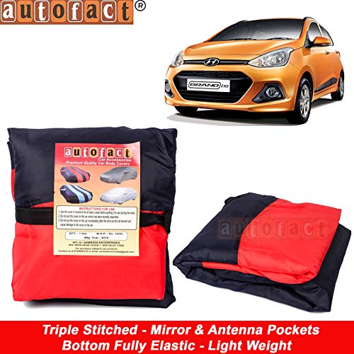 Image of Autofact Car Body Cover for Hyundai Grand I10 with Mirror and Antenna Pocket (Light Weight, Triple Stitched, Heavy Buckle, Bottom Fully Elastic, Red Stripes with Navy Blue Color)