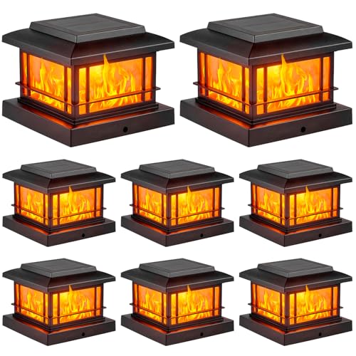 JOFIOS Flickering Flame Solar Post Cap Lights Outdoor, Black Post Lights with 3 Color Temperature, Fits 3.5" 4" 4.5" 5" Wood/Vinyl Posts, IP64 Waterproof Fence Deck Lights for Garden Patio Yard 8 Pack