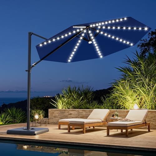 Image of Greesum 10FT Outdoor Patio Umbrella with High Pedel and 4 Gear Heights, Large Offset Umbrella with Solar LED Lights and 360-degree Rotation, Without Base, Hanging Outdoor Shade for Garden, Deep Blue