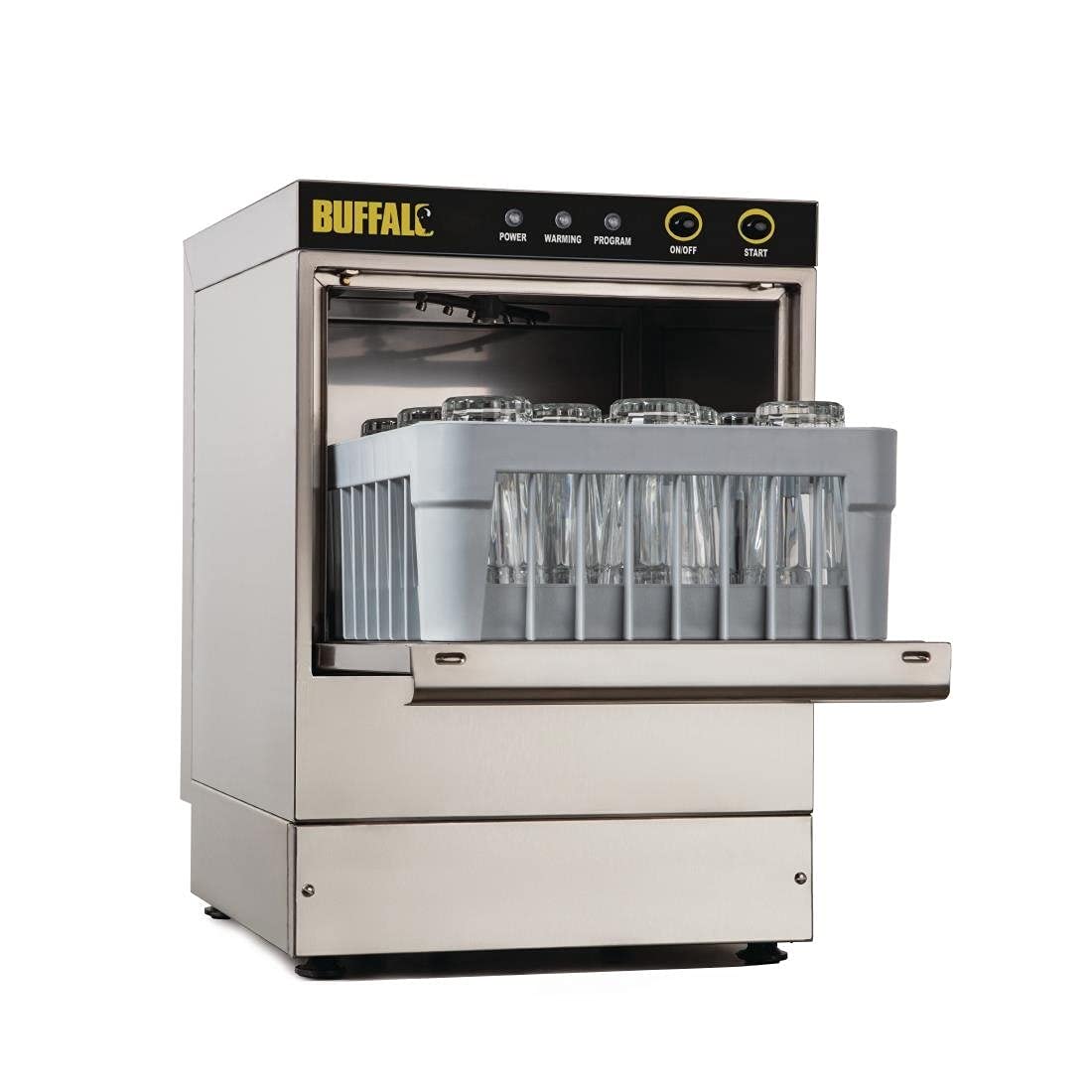 Buffalo 2.6 kW Countertop Glasswasher 350mm x 350mm Baskets, Stainless Steel, Up to 25 racks/hr, Gravity Drain, Size: 600(H) x 420(W) x 460(D) mm, Includes 2x Open Baskets, DW464