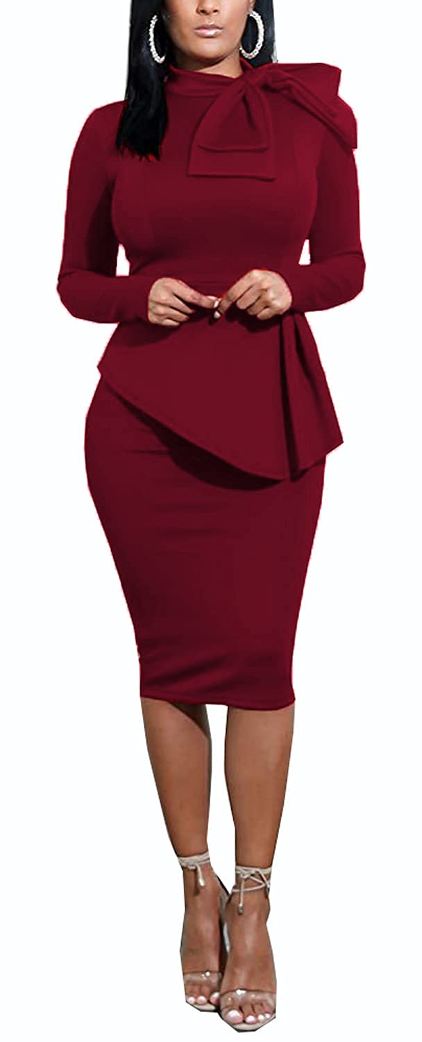 Women's Fashion Peplum Bodycon Long Sleeve Work Dresses Bow Club Ruffle Pencil Formal Cocktail Dress