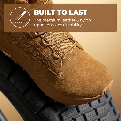 NORTIV 8 Men's Wide Toe Box Work Military Tactical Boots Barefoot Hiking Low Drop Leather Side Zipper Motorcycle Combat Boots Pikes,Size 11,Coyote,SNMT25001M