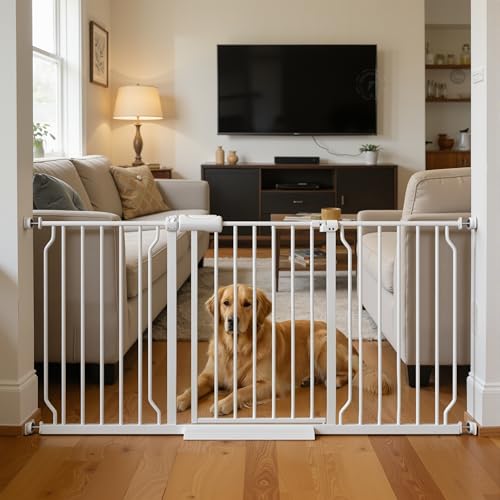 Image of Flower Frail 57.5-62" Extra Wide Baby Gate for Doorways,30" Tall Double Lock Mechanism Metal Dog Gate Pressure Mount，Automatic Closing Child Safety Gate,White