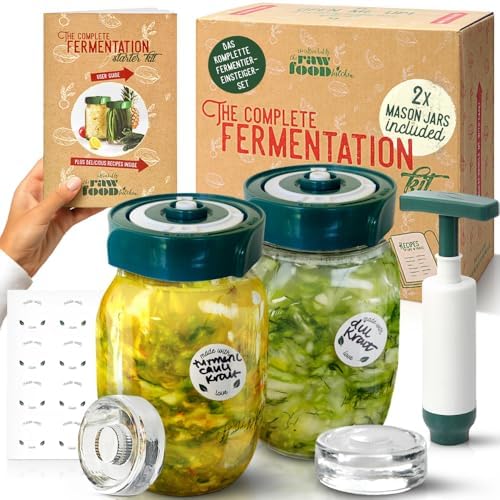 Fermentation Kit for Beginners – 2 x 1L Fermenting Glass Jars, Airlock Lids, Weights, Hand Pump - Easy, Safe Ferments - Recipes, Guide & Labels - Designed in Australia