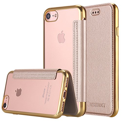 iPhone 8 Case,iPhone 7 Case, LONTECT Slim PU Leather Folio Flip Case with Card Slot & Clear Soft TPU Back Cover for Apple iPhone 8/iPhone 7 - Gold