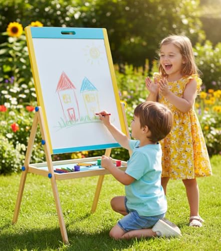 Image of Spartan Kids Wooden Easel Board for Kids 3-in-1 Whiteboard,Blackboard & Drawing Board for Kids | Montessori Toys for 3-10 Year Old, Reversible Board, Magnetic Alphabet Set Included