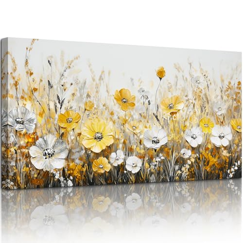 SERIMINO Wildflower Field Wall Art, Floral Botanical Extra Large Wall Decor, Gold and Silver Flower Canvas Prints, Modern Industrial Pictures for Living Room Bedroom Dining Room Home Office 30"X60"