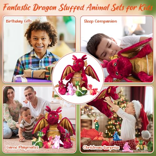 Arrowbash 7 Pcs Dragon Plush Toys Gift Set 15.75\" Large Dragon Mom Stuffed Animal with 4 Cute Babies and 2 Eggs in Mommy\'s Belly for Kids Birthday Christmas Classroom Prizes(Red) - Thumbnail 6