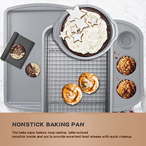 Nonstick Cookie Sheet Baking Pan 7 Pcs, 0.8Mm Thick Professional Kitchen Bicolor Baking Pans Set With Cake Pans, Deep Cookies Sheet, Roasting Pan & Cooling Rack, Dishwasher Safe/Heavy Duty #TOP4
