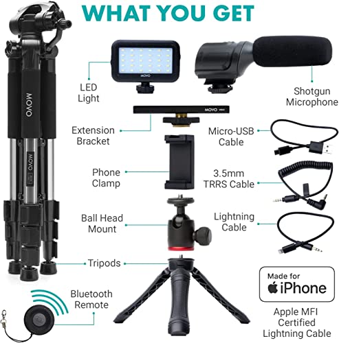 Movo Ivlogger Vlogging Kit For Iphone With Fullsize Tripod - Lightning Compatible Vlog Kit- Accessories: Tripods, Phone Mount, Led Light And Shotgun Mic For Youtube Starter Kit Or Iphone Vlogging Kit #TOP1
