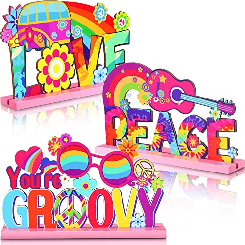 3 Pcs Groovy 60's Party Supplies Hippie Party Wooden Centerpieces for Tables Decorations Peace Sign Table Tie Dye Party Table Topper Centerpiece Sign for 60s 70s Hippy Birthday Party, 7.87 x 4.72 Inch