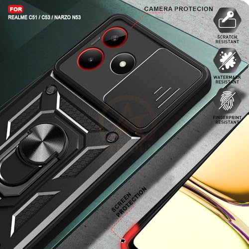 Image of Armor Bumper Back Cover Case for Realme N53 / C51 / C53 Rotating Camera Cover, Ring Holder & Kickstand | Heavy Duty & 360 Degree Protection Realme N53 / C51 / C53 Back Cover (Black)