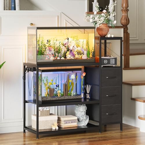 Image of 20 Gallon Aquarium Stand with Power Outlets Fish Tank Stand with 3 Drawers Metal Frame Heavy Duty Reptile Tank Stand with 3-Tier Storage Shelves,Left /Right Assembly, Adjustment Height (Black)