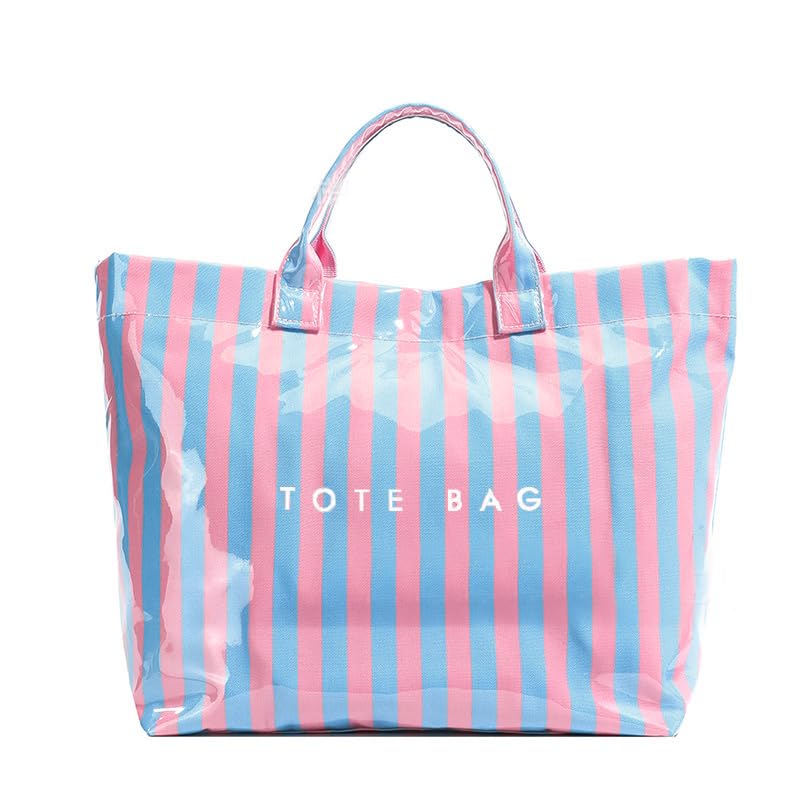 Image of Striped PVC Tote Bag for Women, Waterproof Plastic Hobo Handbag Summer Tote for Beach, Pool & Ideal Gift
