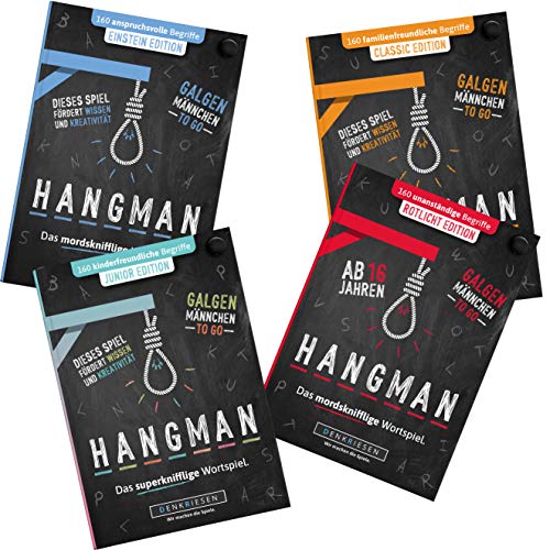DENKRIESEN - Hangman Mega Pack – Classic, Junior, Einstein & Rotlicht Edition | Galgenmännchen to GO | Spielblock | Partyspiel | Reisesspiel | Geschenkidee | Rätselblock - Juego a partir de 2 personas