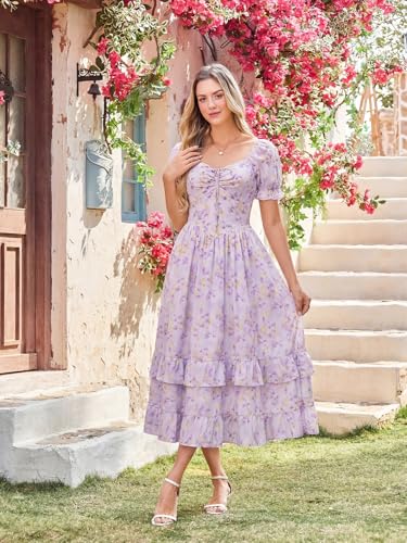 Image of Scarlet Darkness Women Floral Maxi Dress Puff Sleeve Tea Party Corset Dress | Pockets, Ruched Bust, Ruffled Hem, for Cottagecore Fairy Milkmaid Vacation