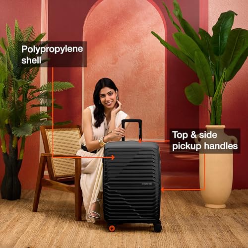 Image of Nasher Miles Cairo Hard-Sided Polypropylene Check-in Luggage 24 inch | 65cm | 8 Wheels Medium Trolley Bag for Travel | Suitcase (Black & Orange)