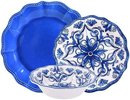 Prepara Antique Decorative Tile 12 Piece Melamine Dinnerware Set, For Parties or Everyday Use, Service for 4, Blue and White Floral