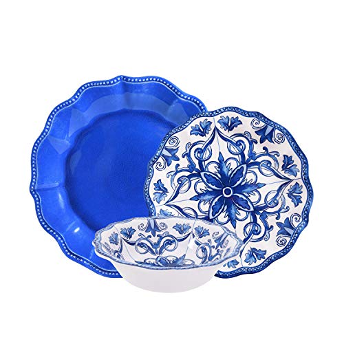 Prepara Antique Decorative Tile 12 Piece Melamine Dinnerware Set, For Parties Or Everyday Use, Service For 4, Blue And White Floral #TOP24