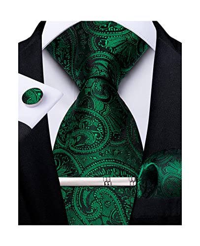 Image of DiBanGu Paisley Ties for Men Silk Necktie and Pocket Square Cufflinks Tie Clip Set Woven Classic Mens Tie for Wedding Party