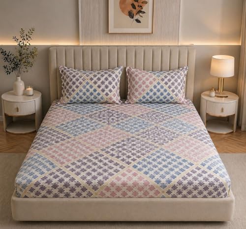 Image of Castiqa Cotton Feels All Over Elastic Fitted Bedsheet Set Perfect Upto 10 Inch Mattress with 2 Matching Pillow Covers King Size 72x78 Small Check