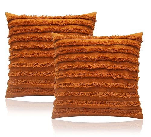 Image of mosey Boho Cushion Covers 20 inch x 20 inch Set of 2 | Pure Cotton 20x20 inch Cushion Cover 2020 | Soft Square Throw Pillow Cover 50 x 50cm for Sofa | Ochre