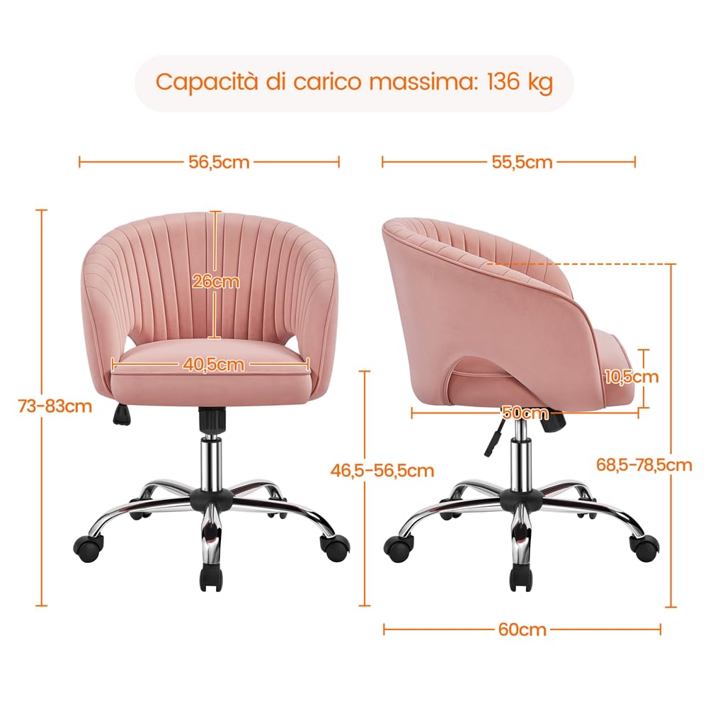 Yaheetech Poltroncina/Sedia da Ufficio Scrivania Ergonomica in Velluto Imbottita a Rotelle Girevole Reclinabile Altezza Regolabile Rosa