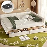GM Ultra Queen Size Daybed with Storage Drawers, Upholstered Corner Bed Frame Queen with USB Charging, L Shaped Bed Frame with Solid Slats Support, Floor Day Bed for Teens Adults, Beige