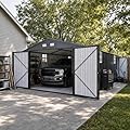 12x25 FT Metal Garage Shed, Outdoor Extra Large Storage Shed with Double Hinged Doors, 4 Windows, Heavy Duty Carport for Cars, Boats, Trucks and Equipment Storage, Gray
