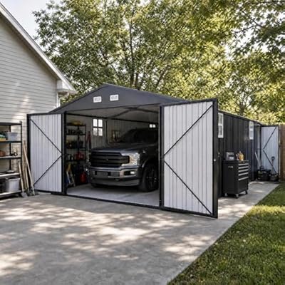 12x25 FT Metal Garage Shed, Outdoor Extra Large Storage Shed with Double Hinged Doors, 4 Windows, Heavy Duty Carport for Cars, Boats, Trucks and Equipment Storage, Gray