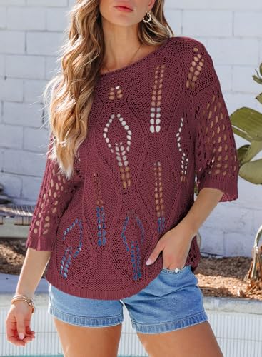 Image of EVALESS Womens Crochet Hollow Out Knit Tops Half Sleeve Spring Summer Sweaters Beach Cover Ups for Women Trendy 2026